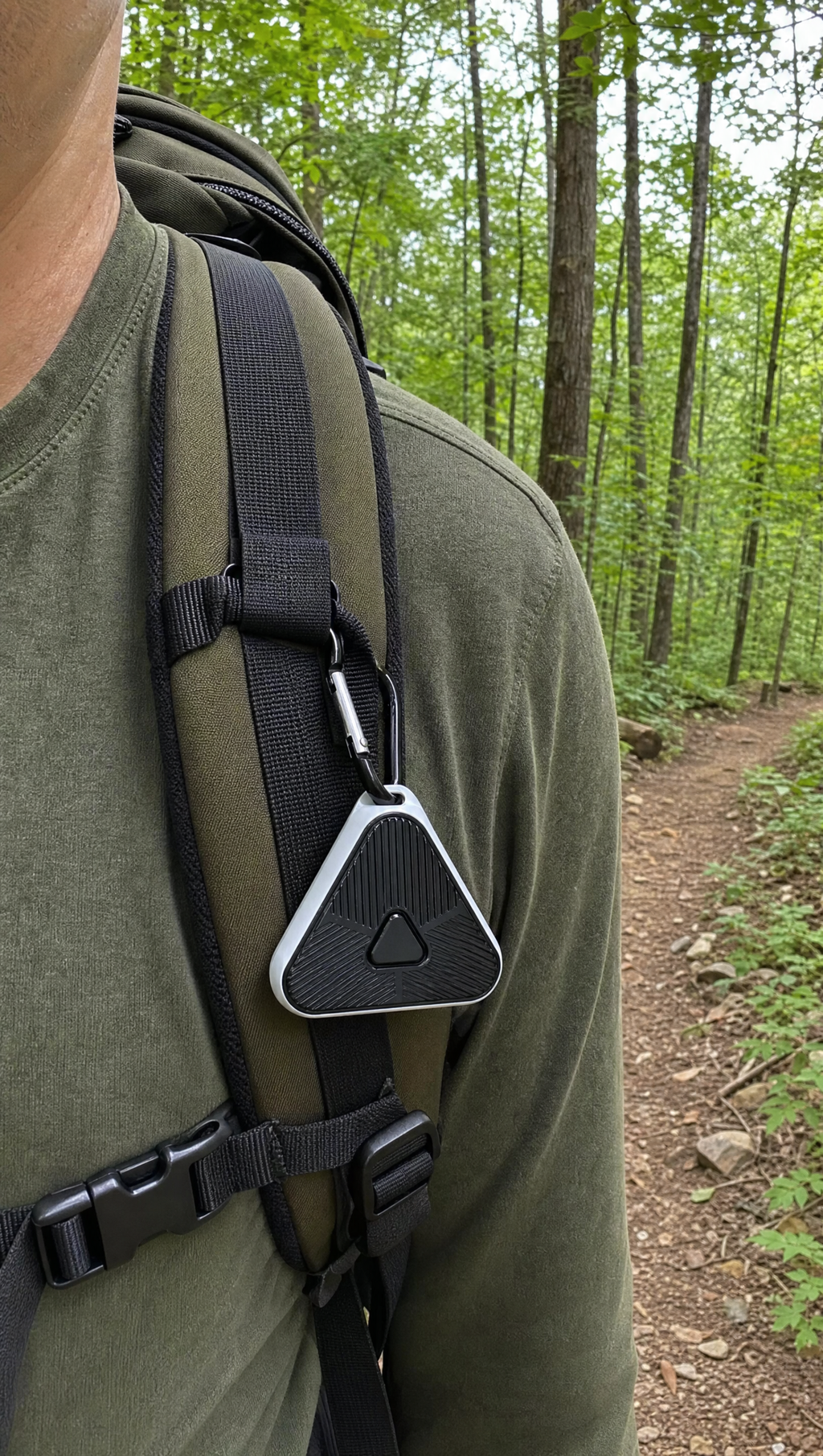 Wild Ward device on backpack on trail