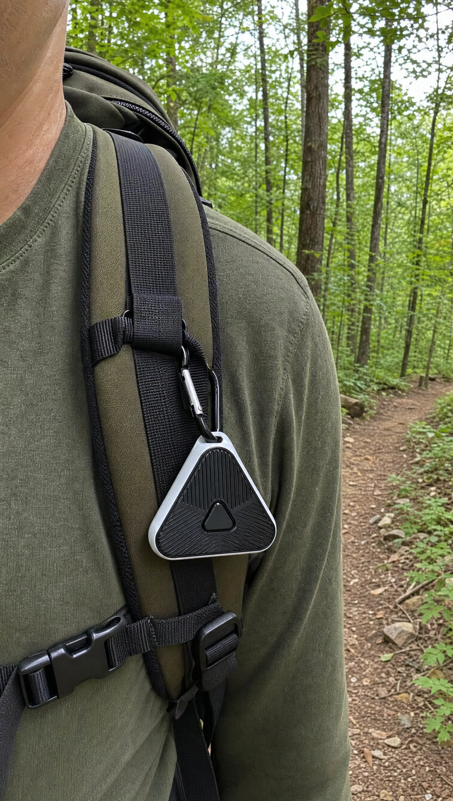 Wild Ward device on backpack on trail